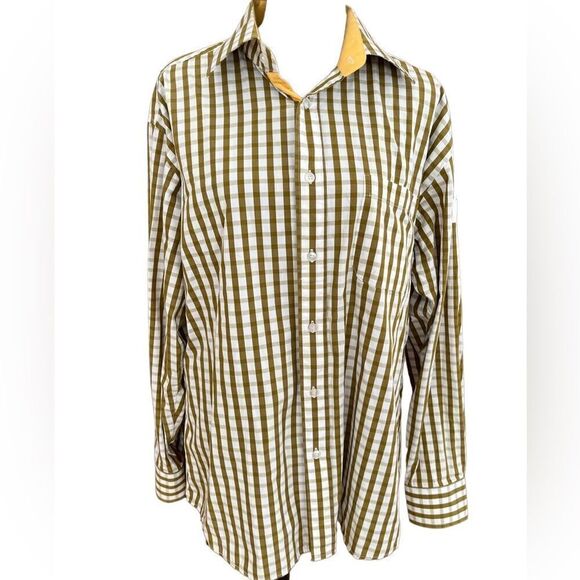 ALFRED DUNHILL Slim Fit olive green/white plaid 100% cotton shirt , size XXXL. - Picture 1 of 6